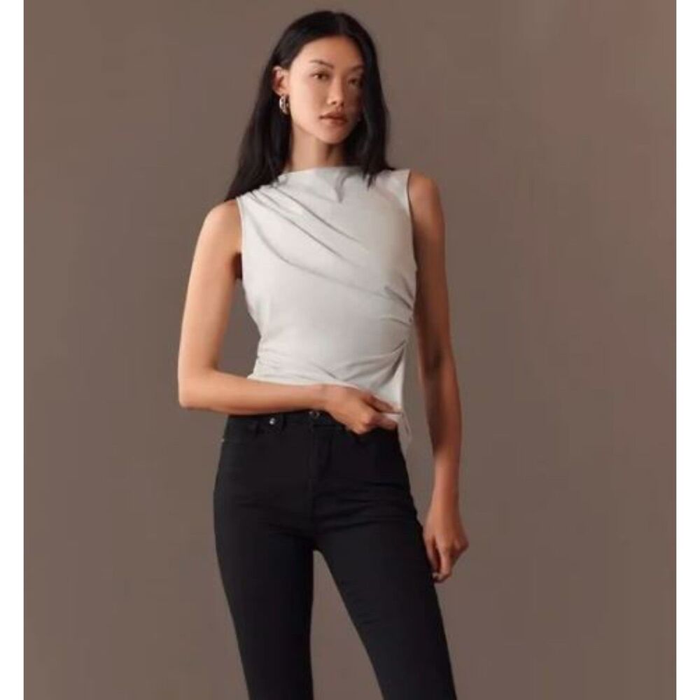 Anthropologie Dolan Left Coast Mock-Neck Shine Top Silver Sz XS NWT 68 - Picture 3 of 4